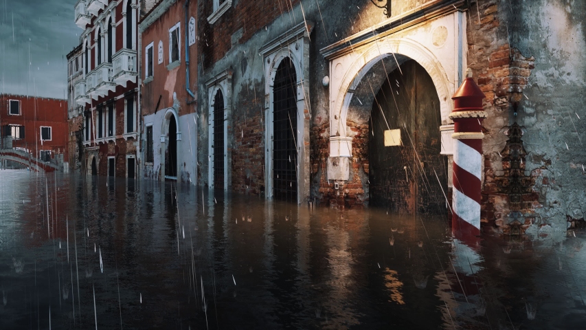 Flooded with water exterior door of ancient venetian building on empty street during catastrophic High Water flood Acqua Alta in Venice, Italy at rainy evening. Realistic 3D animation rendered in 4K