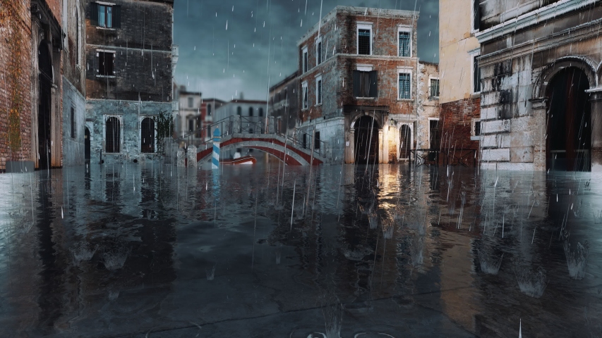 Empty venetian street with flooded ancient buildings and sidewalks during catastrophic High Water flood Acqua Alta in Venice, Italy at heavy rain. With no people realistic 3D animation rendered in 4K