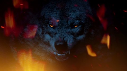 Wolf Growls With Glowing Eyes In Fire Abstract