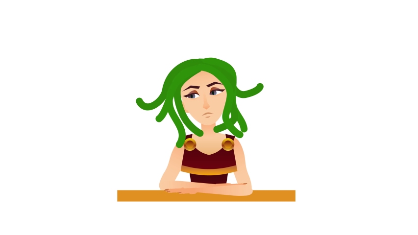 Cartoon animation of bored Medusa Gorgon with unruly hair snakes