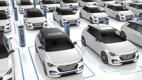 Top view of generic electric self driving cars charging at charging station on white background. Alternative energy and ecology concept. Seamless looping realistic high quality 3d animation.