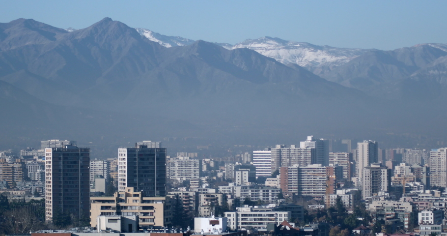 Buildings in Metropolis, Santiago, Chile. Skyscrapers, view at morning. City view, andean andes mountains background