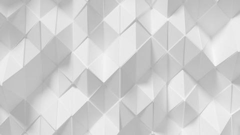 Abstract Polygonal Geometric Surface Loop 7 White: elegant, smooth animation of a triangular polygon mesh in porcelain white. Clean low poly motion background. Minimal white 3D animation. 4K 