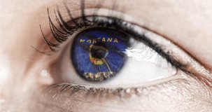 Woman green eye in close up with the flag of Montana state in iris, united states of america with wind motion. video concept