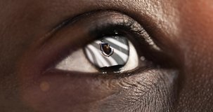 Woman black eye in close up with the flag of Massachusetts state in iris, united states of america with wind motion. video concept