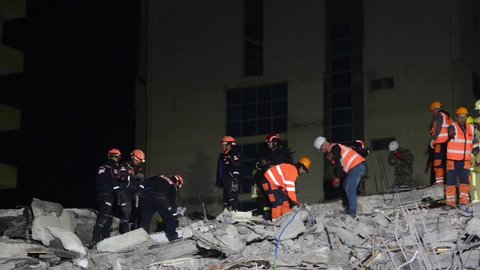 Durrës, Albania 26 November 2019: Searching for missing people after earthquake. Albania hit by deadly and strong earthquake. Rescuers in action. Natural disaster. Rescuers try to save trapped people.