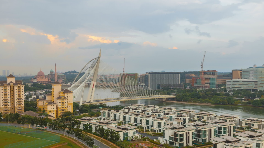 PUTRAJAYA, MALAYSIA -  MARCH 09, 2017: High Angle Time lapse Putrajaya city view during dusk overlooking the city at sunset. Malaysia. Full HD. 4K available.