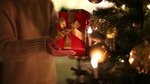 Woman with gift box near beautiful Christmas tree at home, closeup
