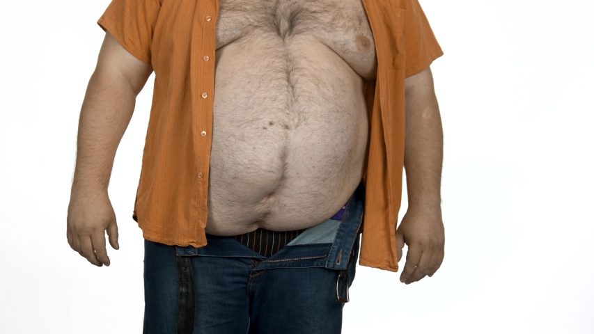 Fat Man Check His Body Measuring Stock 