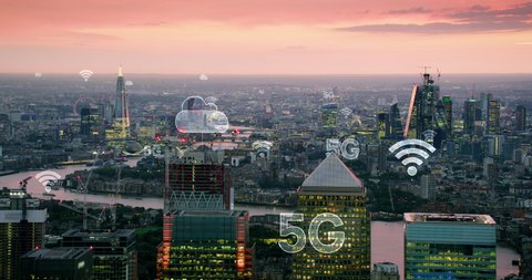 Futuristic city connected through 5G. High tech vision of London. Wireless network, mobile technology concept, data communication, cloud computing, artificial intelligence, internet of things. Red 8K.