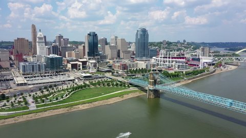 
Cincinnati skyline aerial view John A. Roebling bridge city skyline