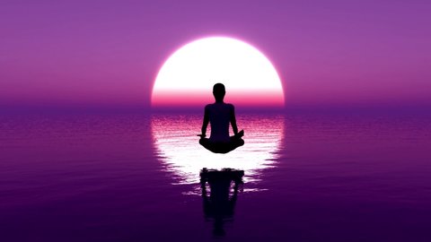 3D render of a young woman sitting in deep meditation.Yoga meditation by A woman on the ocean at sunrise with purple and cyan color, 3D illustration, Perfect for cinema, Seamlessly looped animation. 