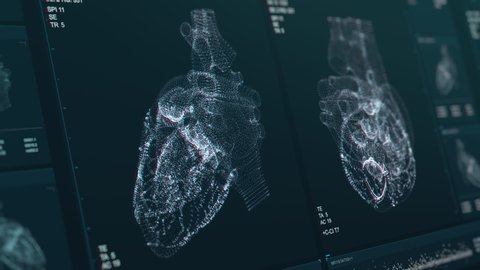 Heart scan screen animation. Blood pressure and heart rate are displayed on a modern and high-tech screen. Health data. Diagnosis of diseases. The future of MRI video. 4K footage with Depth of Field