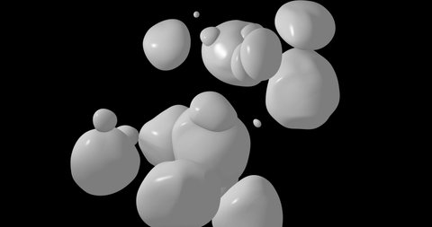 3d abstract white metaball subdividing and multiplying in front of a black screen. Transition blob. Transformation ball. Holographic floating liquid blobs, soap bubbles, metaballs.