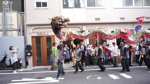 NAGASAKI, JAPAN - CIRCA OCTOBER 2019 : Scenery of NAGASAKI KUNCHI FESTIVAL held at Nagasaki city. It is an autumn festival comprises of different cultural aspects from the Chinese and Dutch.