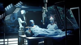 Team of Surgeons Perform a Delicate Operation using a Double Arm Medical Surgical Robot while Observing Data on Transparent Screens. Modern Medical Equipment. Robotic Arm for Minimal Invasive Surgery. - Powered by Shutterstock - Get 15% off with code: PIKWIZARD15