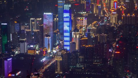 Shenzhen China urban cityscape aerial skyline panorama timelapse at night pan up