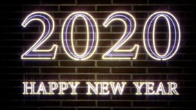Realistic blinking neon sign 2020 Happy New Year sign on a brick wall. Colorful neon light banner 4k
