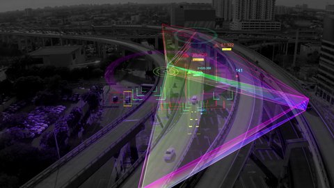 Aerial view of Self Driving cars driving on a highway Futuristic 5G network and technology data communication, Autopilot Autonomous Cars technology concept, Aerial shot with artificial intelligence