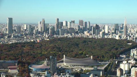 TOKYO, JAPAN - NOVEMBER 2019 : Aerial high angle view of cityscape of TOKYO in day time. View of office buildings around Shinjuku, Harajuku and Yoyogi park. View from Shibuya ward.