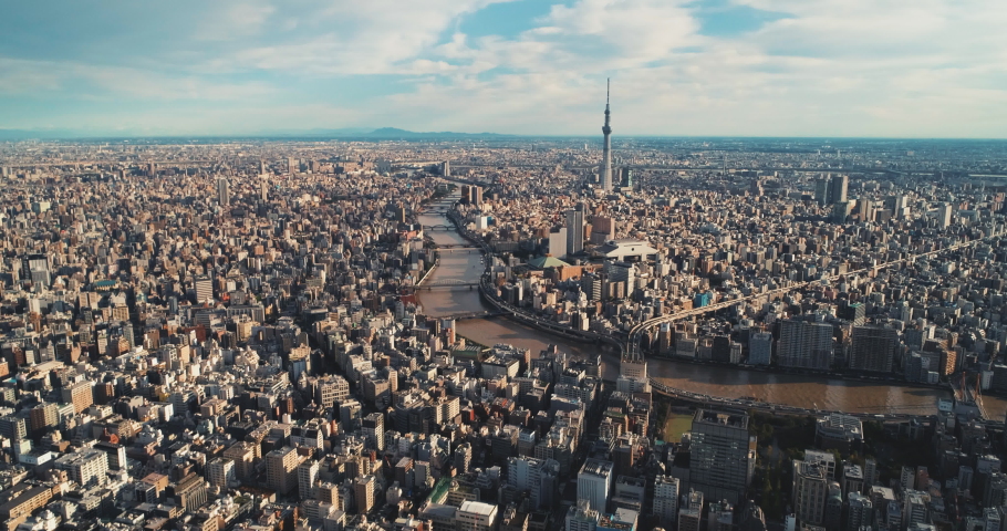 Aerial shot of Skytree and Ryogoku Kokugikan with Edo-Tokyo Museum in Tokyo city, Japan