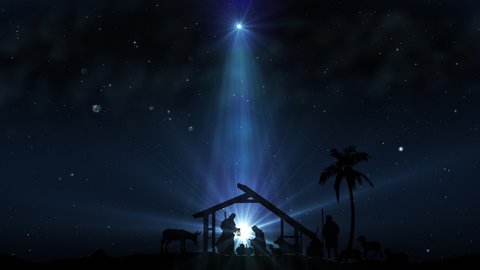Christmas Scene with twinkling stars and brighter star of Bethlehem with sparkling nativity characters. Seamless Loop with Nativity Christmas story with twinkling stars, and moving wispy clouds.
