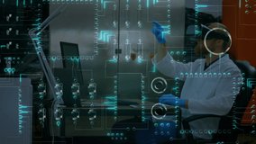 Animation of data processing with male scientist in VR headset touching with his finger sitting by a computer screen with data processing in the foreground - Powered by Shutterstock - Get 15% off with code: PIKWIZARD15