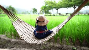 Asian Thai farmer kid sitting and relaxing on the swing bench  beside the rice field in the morning. Slow motion video