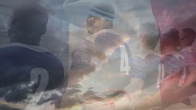 Animation of rugby players embracing and singing anthem before the match at a stadium with French flag waving in the foreground - Powered by Shutterstock - Get 15% off with code: PIKWIZARD15