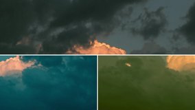 Thunder storm dark rainy clouds time lapse after bad weather, rolling, rotation & building big mass in horizon, evening weather, autumn season. Collage full hd video. #FHD.