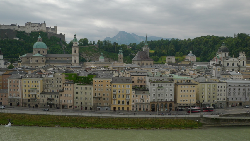 cloudy day salzburg central cityscape riverside mountain view point panorama 4k austria