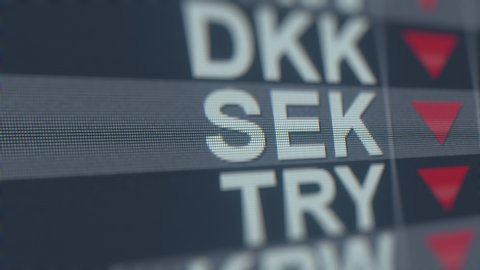 Decreasing Swedish Krona exchange rate indicator on computer screen. SEK forex ticker loopable 3D animation