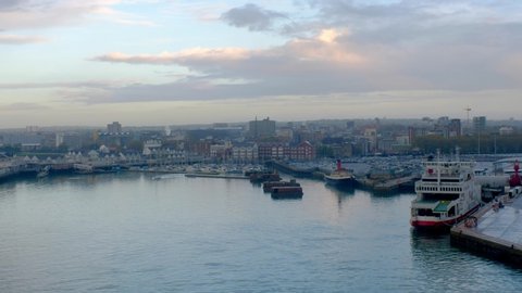 SOUTHAMPTON, UK, November 4th 2019: ;  panoramic aerial view of the port of Southampton from the open deck of a cruise ship at the early morning