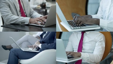 Cropped shot of business people using laptops. Split screen collage of male and female buisness people sitting and using laptop computers in office. Business and technology concept