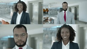 Collage of confident African American business people. Multiscreen montage of cheerful young businessman and businesswoman in formal wear looking at camera in office. Business concept