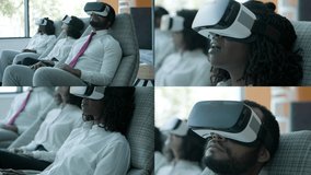 Diverse business people in VR headsets. Multiscreen montage of male and female business people sitting in office and using virtual reality headsets. Technology concept