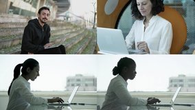 Collage of man and women using laptops. Multiscreen montage of multiethnic man and women using laptop computers in office and outdoors. Technology concept