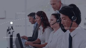 Animation of moving network of connections and spinning globe with busy office workers in the background - Powered by Shutterstock - Get 15% off with code: PIKWIZARD15