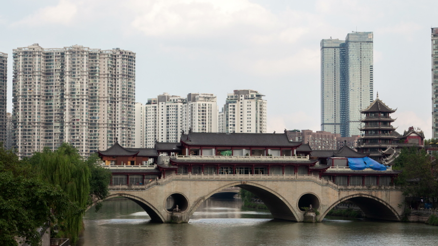 Anshun Lang Bridge in Chengdu Sichuan province timelapse zoom out