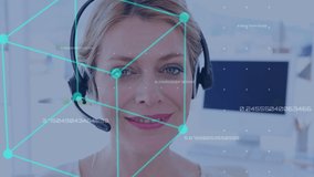 Animation of network of connections and icons with busy office worker with headset on in the background - Powered by Shutterstock - Get 15% off with code: PIKWIZARD15