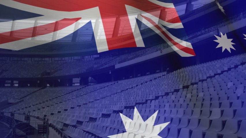 Animation of Australian flag waving over a sport stadium