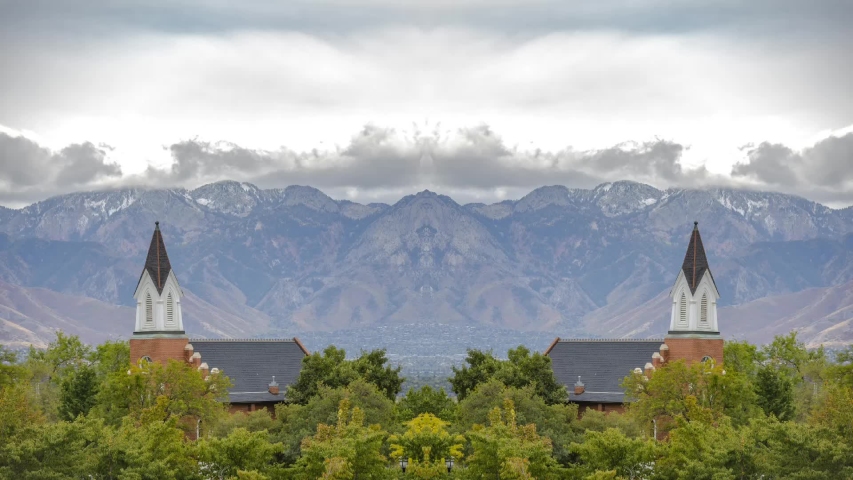 Conceptual remix of Salt Lake City landscape with church steeple