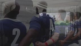 Animation of rugby players singing anthem before the match at a station with rugby players running into stadium in the foreground - Powered by Shutterstock - Get 15% off with code: PIKWIZARD15