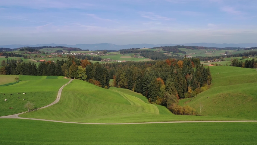 Aerial view of the hilly Emmental region in the canton Berne during autumn, Switzerland