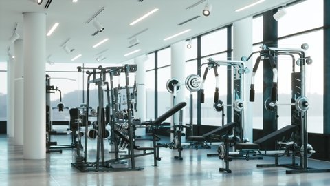 Design and equipment in modern gym. Modern of gym interior with equipment. Sports equipment in the gym