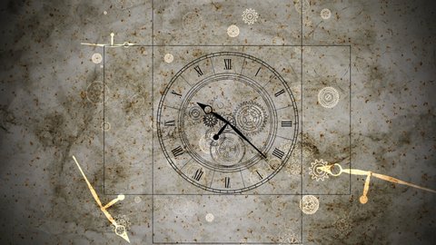 A geometric 3d rendering of Mechanical clock or watch with cogwheel gear mechanism rotating circles imposed on the old rusted paper.