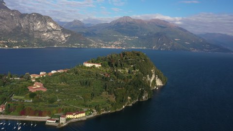 Aerial view of Lake Como, the city of Bellagio. Autumn season. Alps covered in snow