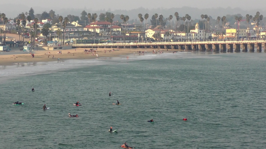 Unidentified surfers at Santa Cruz, Steamer Lane West Side, California, USA, circa October 2018. Steamer Lane is a famous surfing location in Santa Cruz, California