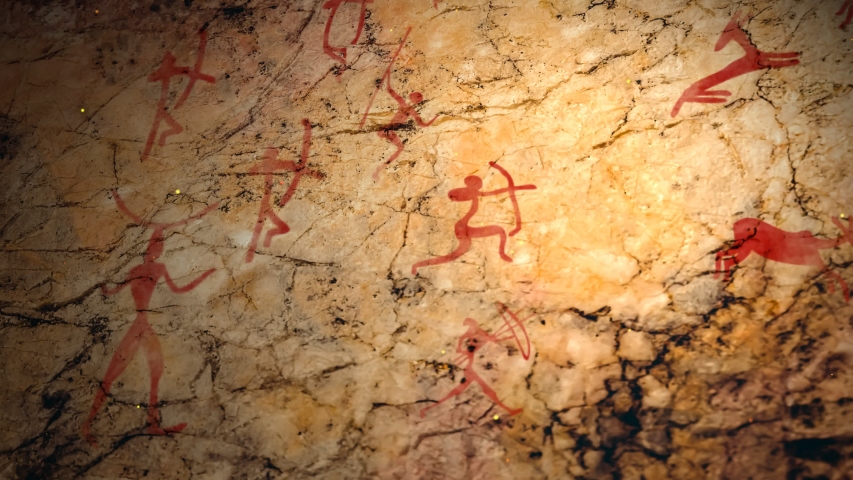 A Red ocher Drawing in a cave painted by an ancient man on a wall, a rock. Hunting for an animal., Neanderthal, cave man. The Stone Age, the Ice Age. Science, anthropology. | Shutterstock HD Video #1042008208