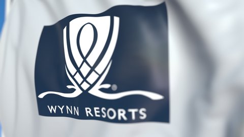Flying flag with Wynn Resorts logo, close-up. Editorial loopable 3D animation